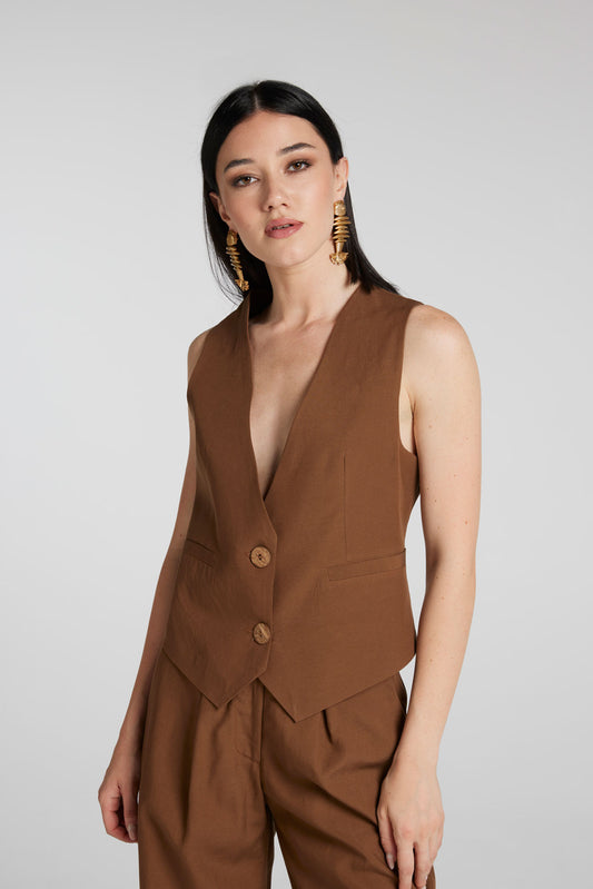 GILET SORRENTO MISTO LINO CIOCCOLATO